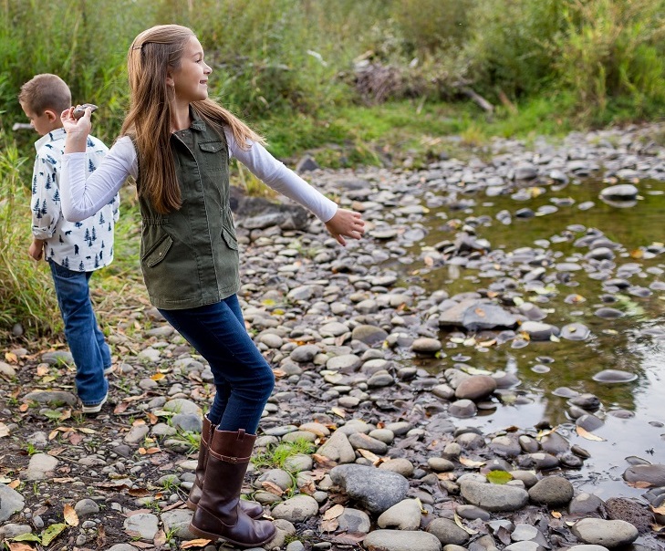 Siblings Throwing Rocks In River Together